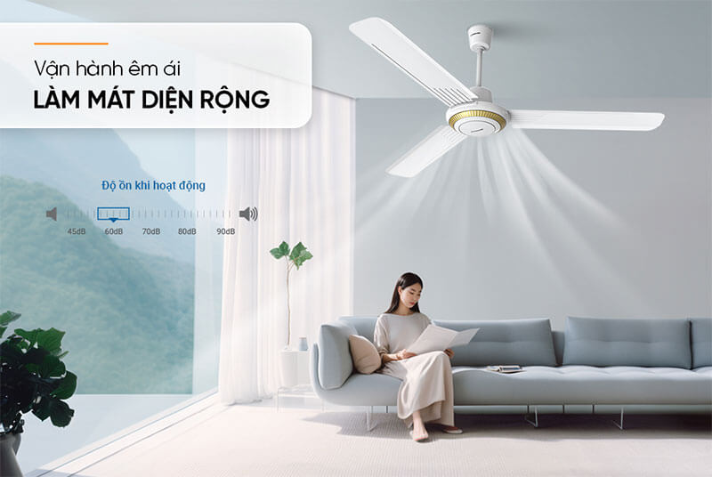 Quạt trần sunhouse shd7659 sải cánh 1. 4m 10 Vận hành êm ái ≤ 65dB – Không gian yên tĩnh, thư giãn tuyệt đối