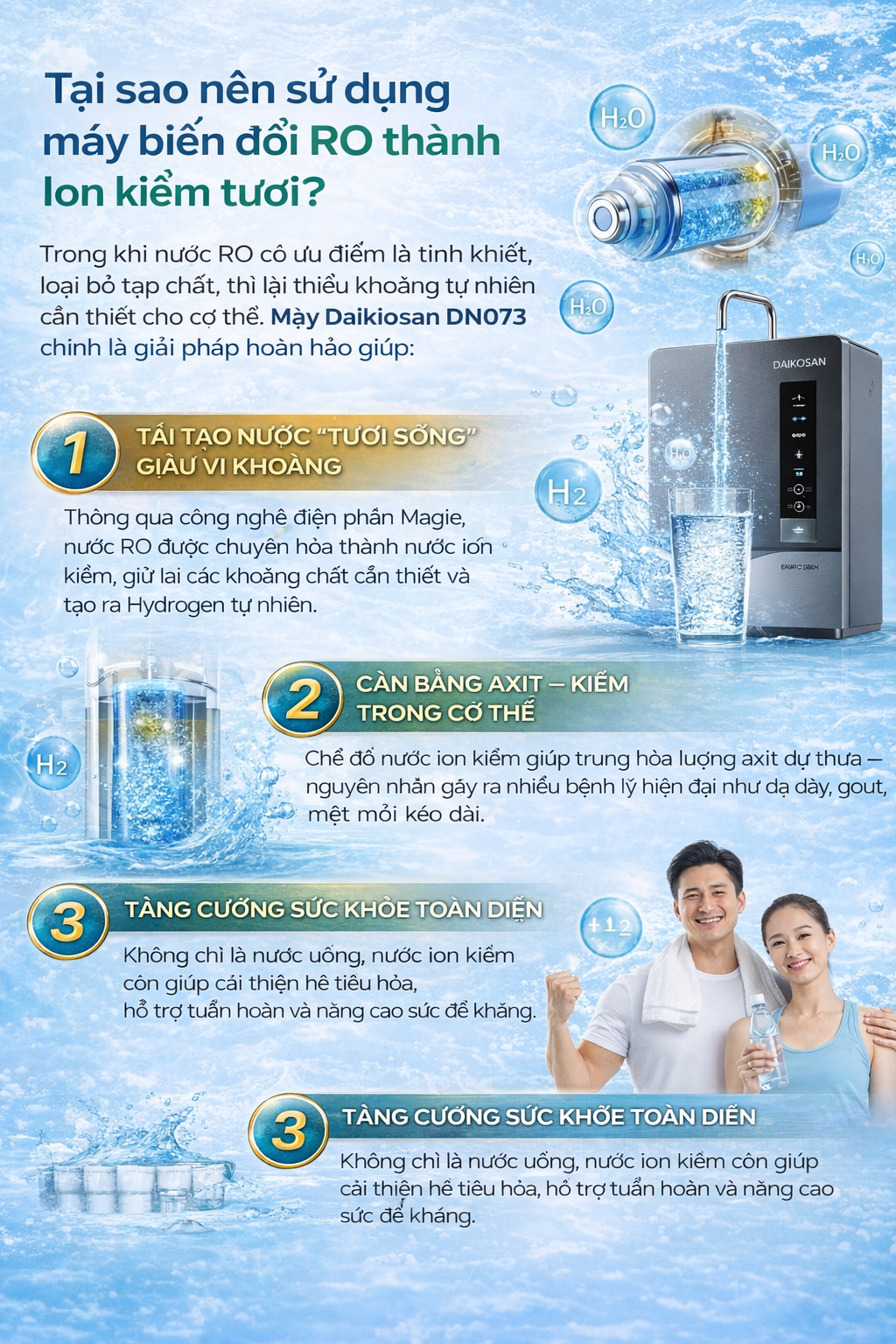 Máy biến đổi nước ro thành ion kiềm tươi daikiosan dn073 6 Tại sao nên sử dụng máy biến đổi RO thành Ion kiềm tươi?