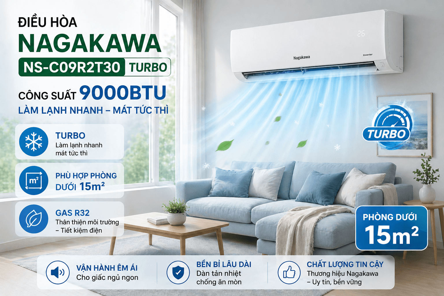 Điều hòa Nagakawa NS-C09R2T30 Turbo công suất 9000BTU, làm lạnh nhanh mát tức thì, phù hợp không gian phòng dưới 15m².