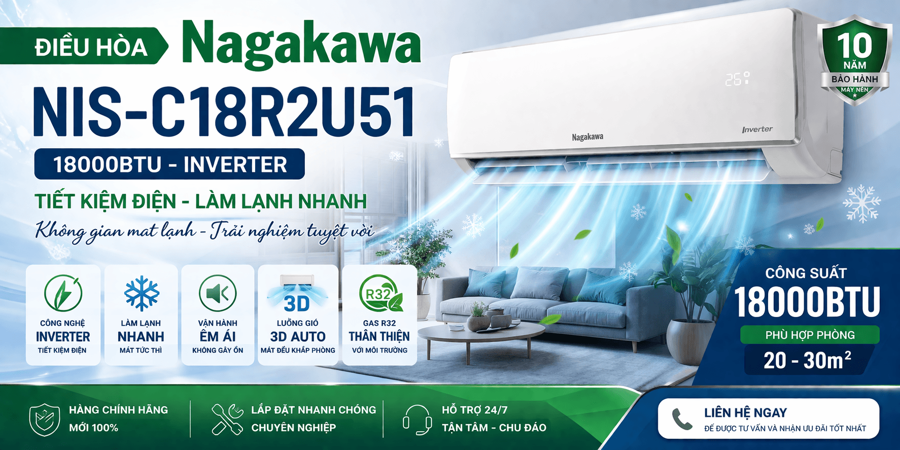 Điều hòa nagakawa nis-c18r2u51 10 Điều hòa 18000BTU công nghệ Inverter tiết kiệm điện