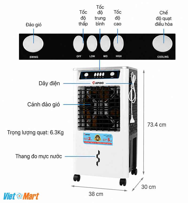 Quạt điều hòa không khí rapido 3000m - everest 8 Bảng điều khiển cơ trực quan cùng thiết kế nhỏ gọn dễ sử dụng