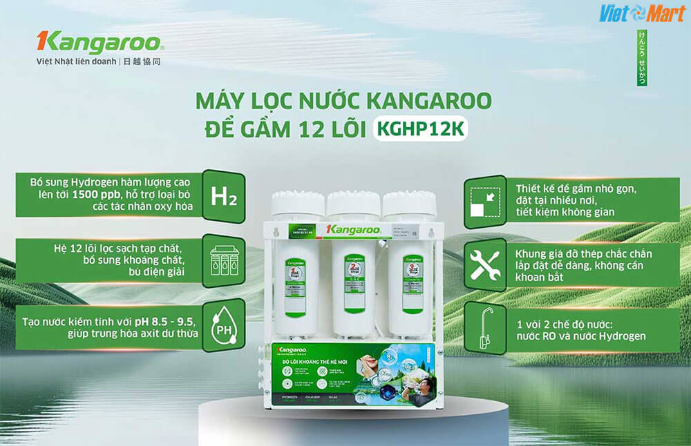 Máy lọc nước kangaroo hydrogen kghp12k 2 Công nghệ lọc 12 cấp tạo nước Hydrogen giàu khoáng cho gia đình