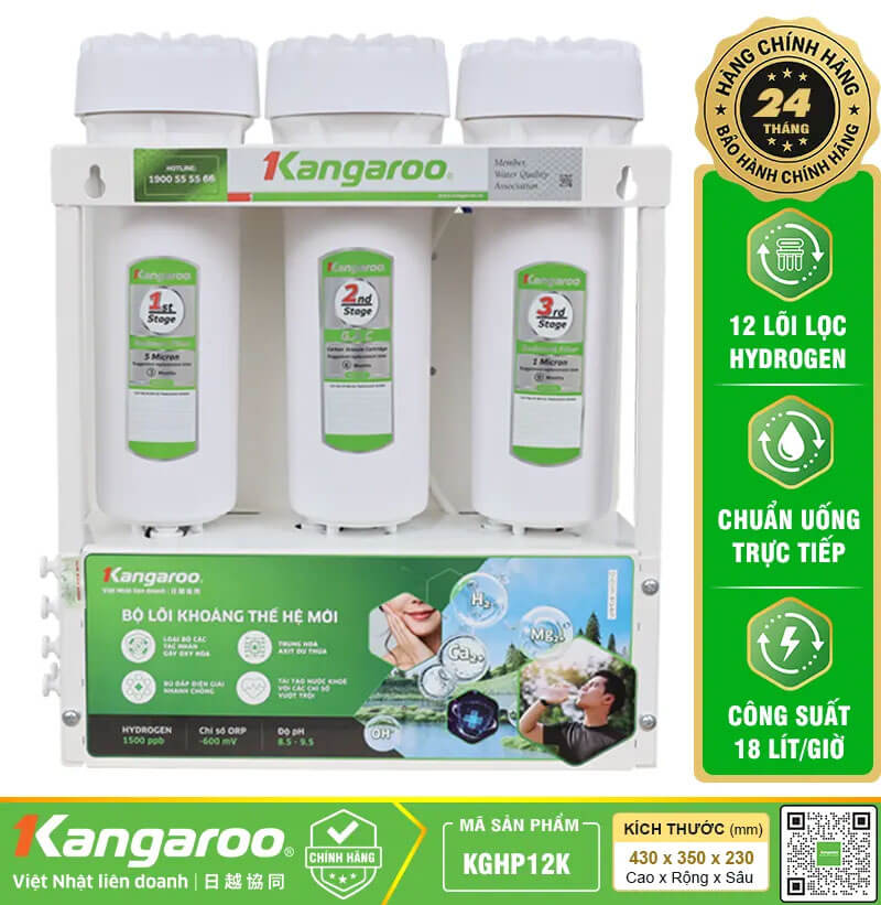 Máy lọc nước kangaroo hydrogen kghp12k 4 Hệ thống lọc Hydrogen 12 lõi công suất 18 lít mỗi giờ