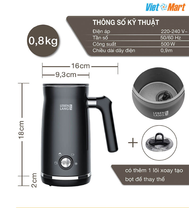 Thông số kỹ thuật và kích thước bình tạo bọt sữa tiện dụng