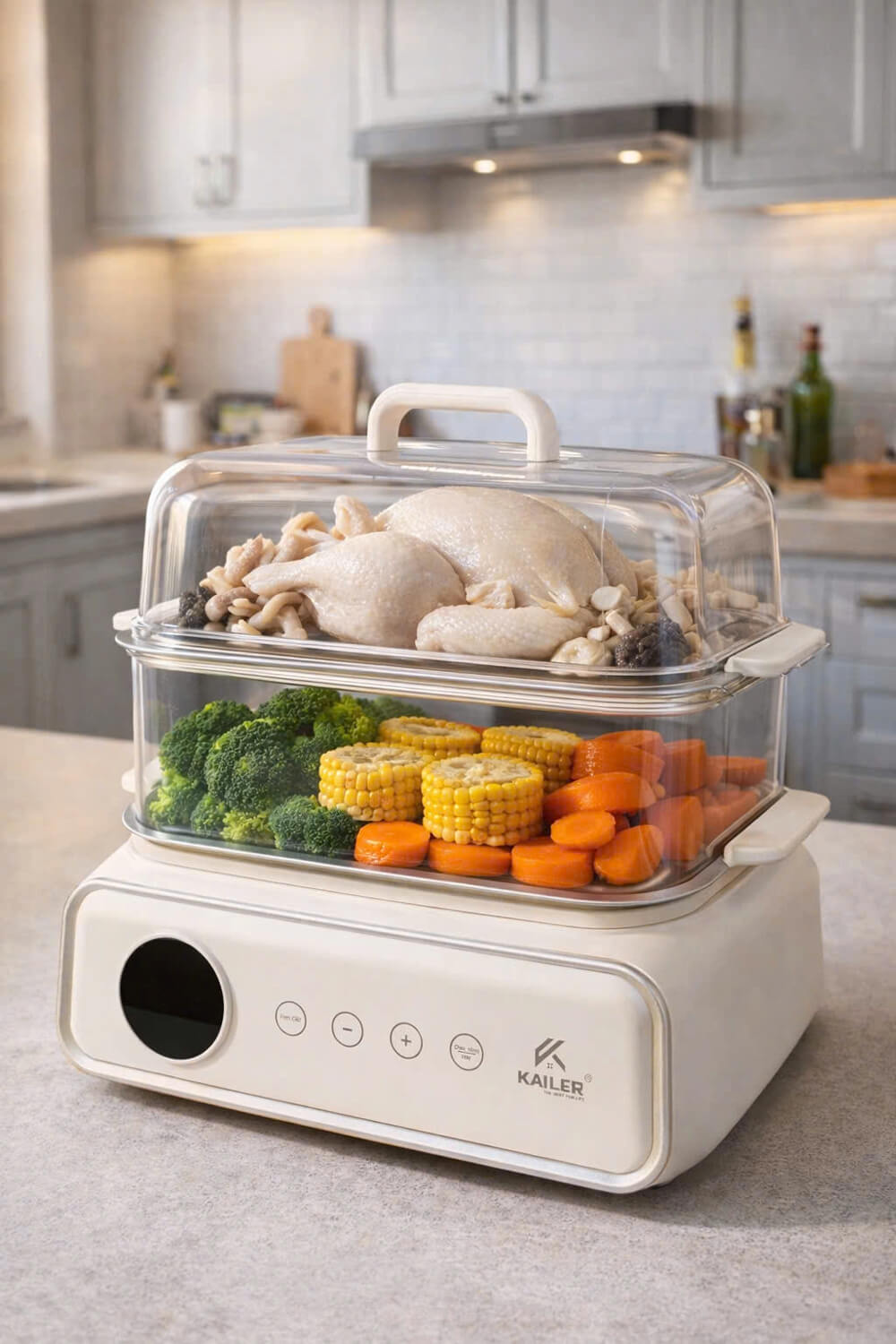 Nồi hấp điện đa năng 2 tầng Kailer KL-H18 thiết kế 2 tầng cho phép hấp nhiều món ăn cùng lúc