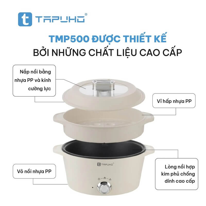 Nồi Lẩu Nướng Hấp Đa Năng TAPUHO TMP500 – 1500W, Dung Tích 5L