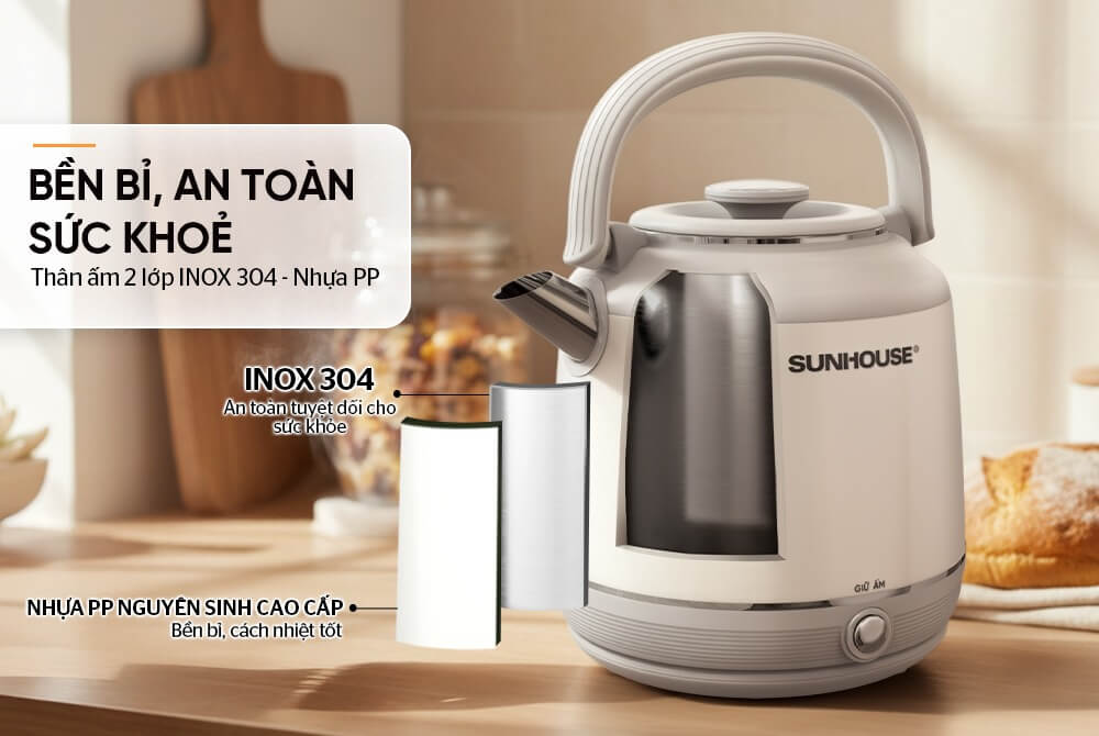 Ấm siêu tốc inox giữ nhiệt 2. 5l sunhouse shd1392 9 Ấm siêu tốc Inox giữ nhiệt 2.5L Sunhouse SHD1392 ruột inox 304 bền bỉ