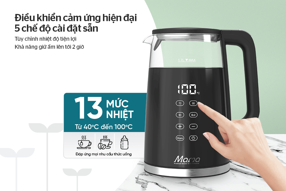 Ấm siêu tốc thủy tinh 1. 7l sunhouse mama shd1333 8 Ấm siêu tốc thủy tinh 1.7L Sunhouse Mama SHD1333 màn cảm ứng hiện đại