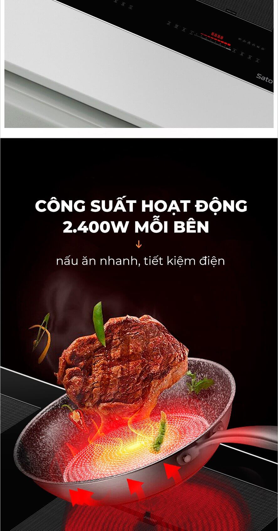 Bếp điện từ thông minh sato sih368 n3 (b) 6 Bếp điện từ thông minh Sato SIH368 N3 (B) công suất 2400W mỗi bên
