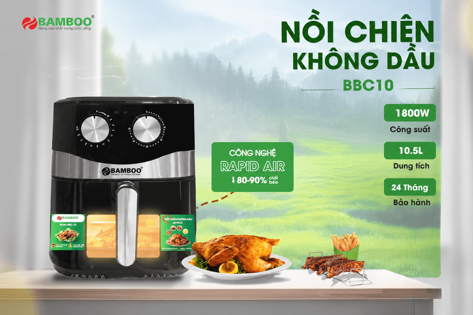 Nồi chiên không dầu bamboo bbc-10 10,5 lít 1800w 5 Nồi Chiên Không Dầu Bamboo BBC-10 10,5 Lít, 1600W