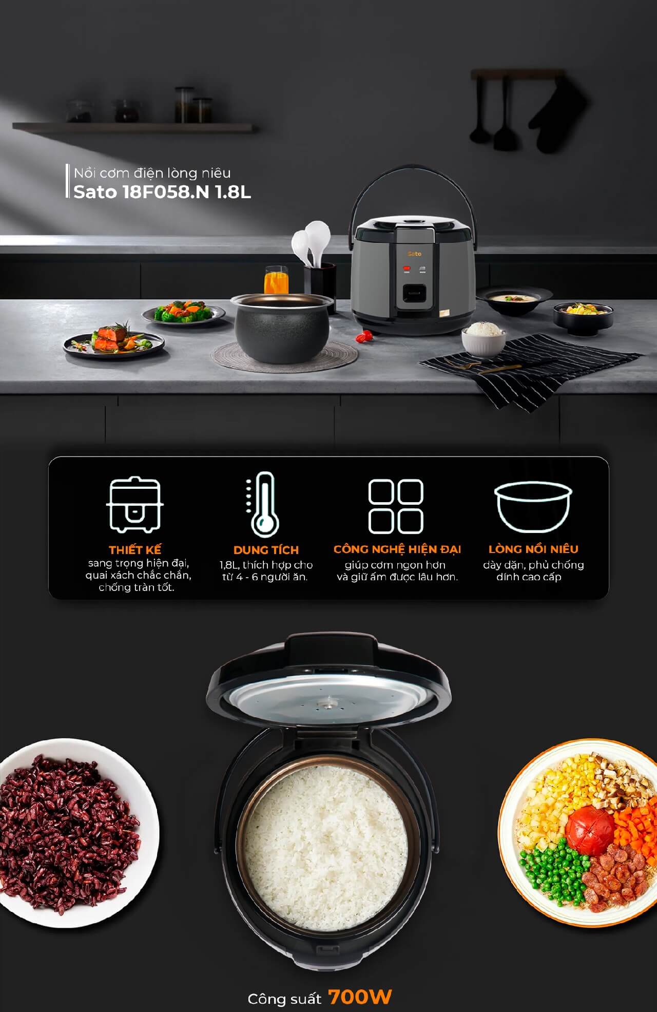 Nồi cơm điện lòng niêu sato 18f058. N 1. 8l 7 Nồi cơm điện lòng niêu Sato 18F058.N 1.8L thiết kế lòng niêu độc đáo